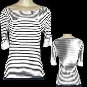 Lauren Ralph Lauren S White-Black Striped Bateau Neckline Short Cuff Sleeve Top